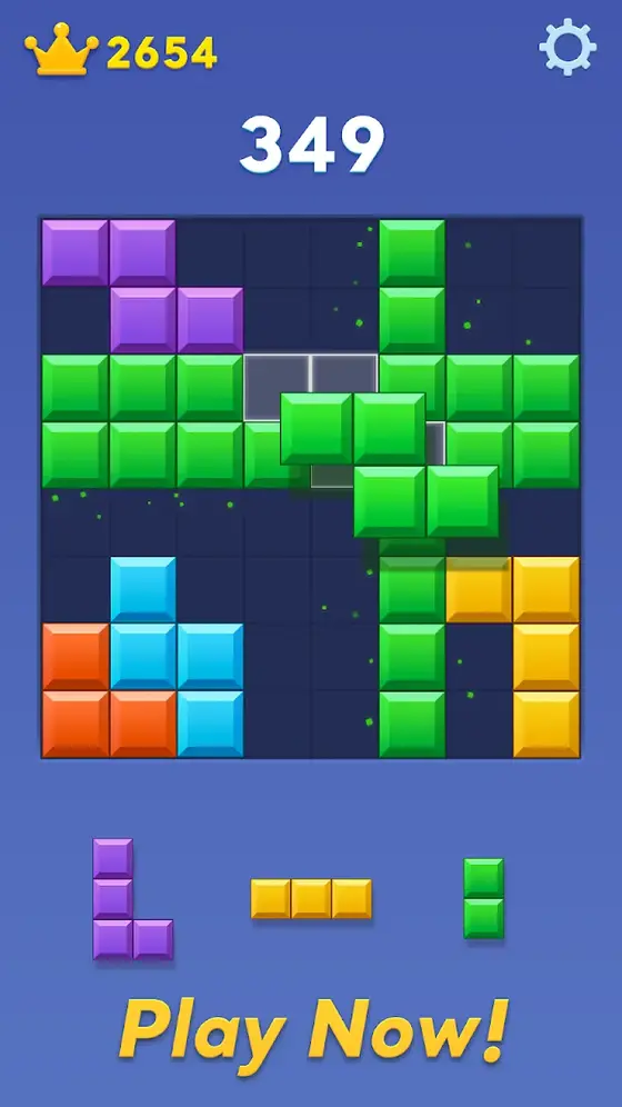 Παρτίδα Block Blast με σκορ 349, ρεκόρ 2654 και τρία κομμάτια προς τοποθέτηση