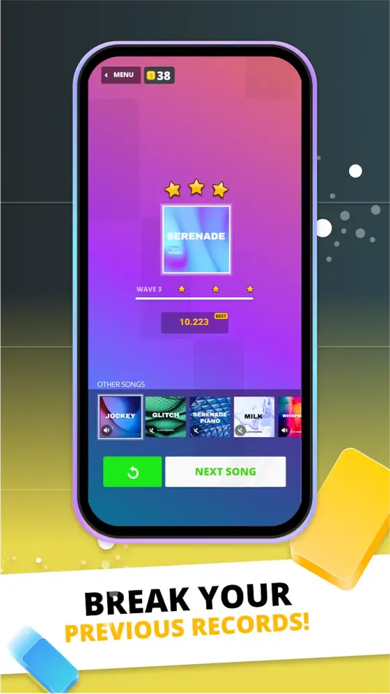 Προωθητικό γραφικό του Infinite Tiles με τηλέφωνο σε κίτρινο φόντο και σύνθημα για νέο ρεκόρ