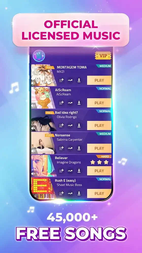 Οθόνη Magic Tiles 3 με τέσσερις κάθετες λωρίδες και μαύρα πλακίδια που κατεβαίνουν