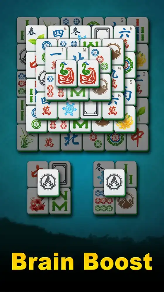 Προωθητικό γραφικό του Mahjong Solitaire: Classic με διάταξη πλακιδίων και τίτλο για εξάσκηση του μυαλού