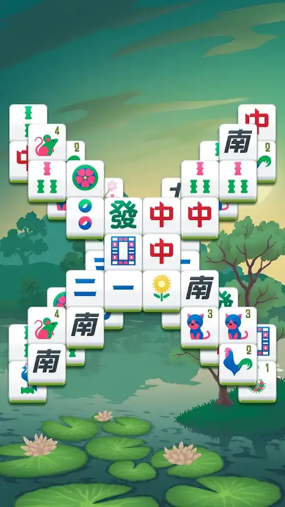 Ταμπλό του Mahjong Triple με πλακίδια πάνω από λιμνούλα με νούφαρα
