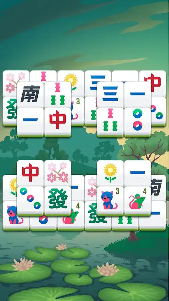 Πλακίδια mahjong τοποθετημένα πάνω από λιμνούλα με νούφαρα στο Mahjong Triple