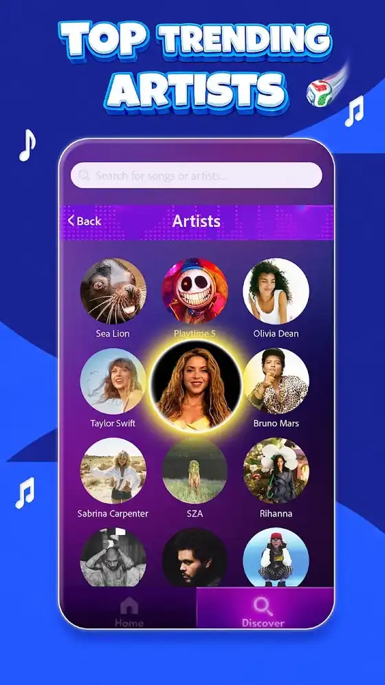 Λίστα καλλιτεχνών στο Music Piano 7 με στρογγυλές φωτογραφίες σε μπλε φόντο