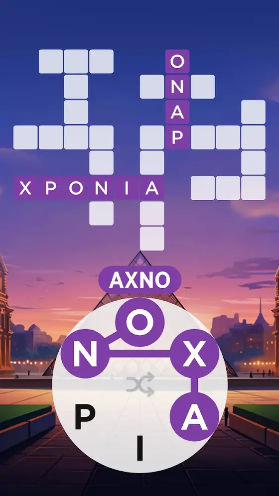 Συμπληρωμένο πλέγμα σταυρολέξου στο Words of Wonders με ελληνικές λέξεις