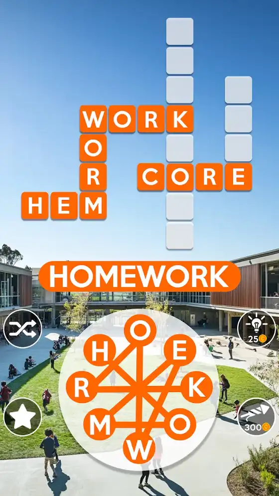 Οθόνη Wordscapes με τοπίο στο φόντο και κύκλο γραμμάτων κάτω