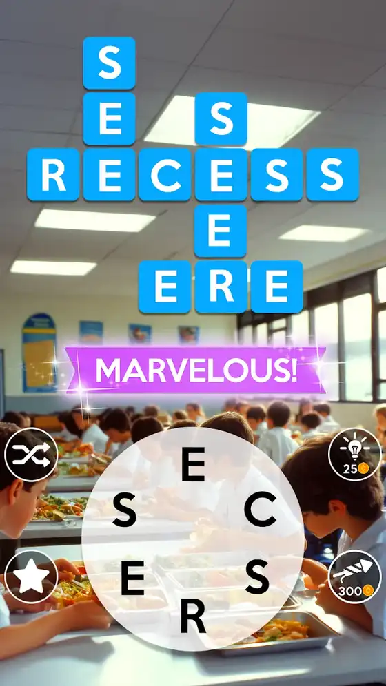Η αγγλική λέξη RECESS σχηματισμένη σε πλέγμα του Wordscapes πάνω από φωτογραφία σχολικού κυλικείου